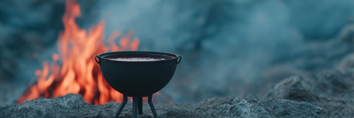 Ancient cauldron bubbling over wild flames invokes Samhain spirits, smoky Celtic nights, and witchy wassail gatherings under starlit skies