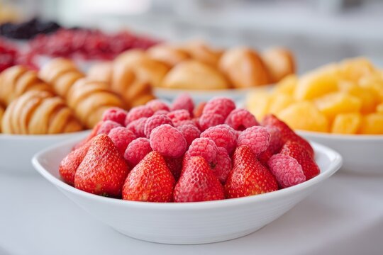 Bountiful berries bask in a white porcelain bowl amidst a croissant carnival, ideal for Bastille Day brunch symposiums - Powered by Adobe