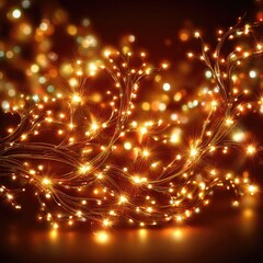 Glowing, interwoven strands of warm-toned fairy lights against a bokeh-filled dark background, creating a festive, celebratory ambiance