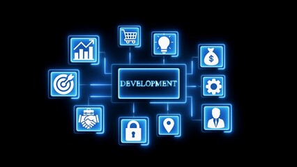 Business development flowchart with icons and neon glow
