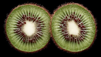 Two perfectly halved kiwi fruit, showcasing vibrant green flesh, tiny black seeds arranged radially, and a contrasting white core, against a stark black background