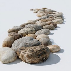 A gently curving path of smooth, varied-colored river stones on a bright white background casts a subtle shadow