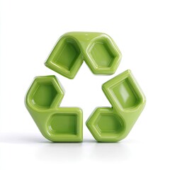 A three-dimensional, glossy, light-green recycling symbol rendered against a stark white background;  the symbol has a slightly rounded, almost plastic-like appearance