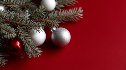 Fototapeta premium Evergreen boughs cradle silver baubles on crimson fabric, echoing Yule magic and winter solstice whispers, festive serenity