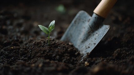 A lone sprout emerges bravely beside an earthy spade, echoing Arbor Day's promise and Earth Day's whispers