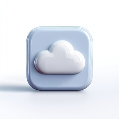 A light-blue, square, glossy button features a raised, white, 3D cloud icon centered; subtly shadowed on a white background