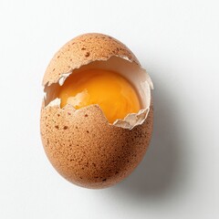 A speckled brown egg, cracked open, revealing a vibrant yellow yolk against a white background.  The shell is irregularly broken