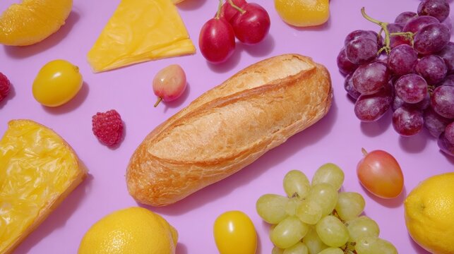 A surreal pastel picnic tableau dances with grapes and bread, celebrating Kalevala Day and Cheese Rolling Festival