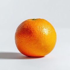 A single, ripe orange sits on a plain white background, casting a subtle shadow. Its peel shows slight texture and a vibrant, glossy hue
