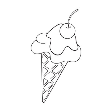 Illustration of ice cream in a waffle cone with icing and a cherry. Vector drawing. Outline drawing. Design element for packaging, holidays, and decorations