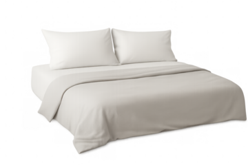 Clean comfortable bed with white bedding and pillows