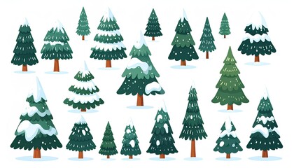 Set of vector illustrations of snow-covered Christmas trees isolated on white background