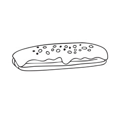 Vector doodle illustration. Eclair, a chocolate pastry. Design element for packaging, holidays, and decorations