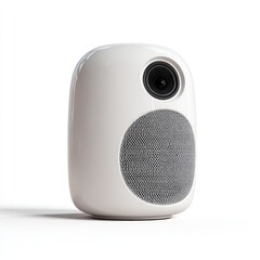 Fototapeta premium Compact white speaker with integrated camera and fabric grille, isolated on white background