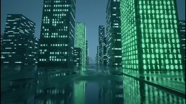 Futuristic cityscape pulses with vibrant green binary code flowing down towering skyscrapers creating a dynamic digital metropolis.