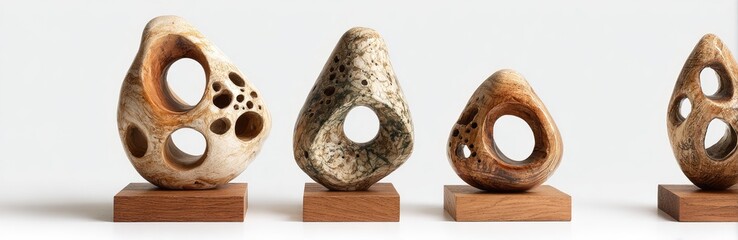 Four abstract sculpted forms, resembling stones or rocks,  with carved-out, organic shapes and patterns. 