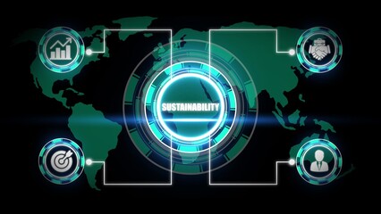 Digital world map with sustainability icons and central hub