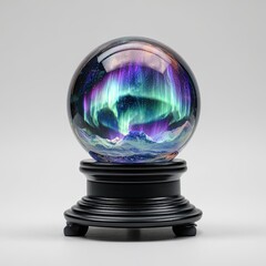Glass sphere showcasing vibrant aurora borealis scene on a dark, tiered base
