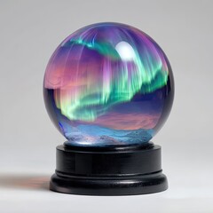 A glass sphere displays a vibrant aurora borealis scene over a snow-covered landscape, resting on a dark circular base