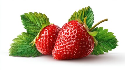 Two ripe strawberries with green leaves on white background