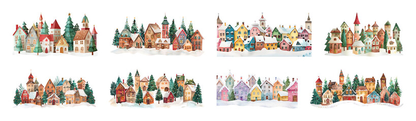 PNG Charming winter village illustrations, element set on transparent background