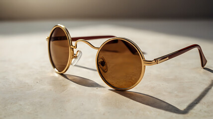 Round vintage sunglasses with golden rims, isolated on white