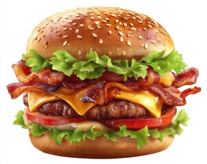 A mouth-watering bacon cheeseburger.  Freshly prepared, with crispy bacon, melted cheese, juicy patty, and fresh toppings