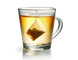 Clear glass teacup filled with light amber tea, a diamond-shaped tea bag suspended within