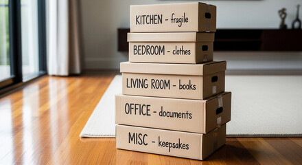 Stack of moving boxes, labeled and organized on wooden floor signifies relocation. Moving boxes showcase home contents neatly packed for transport, including kitchenware, bedroom clothes.