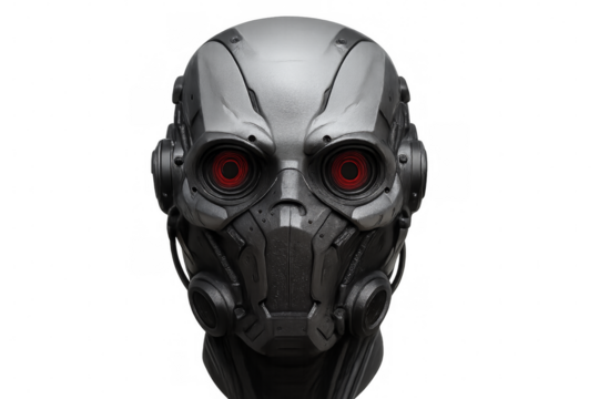 Futuristic robot head with glowing red eyes