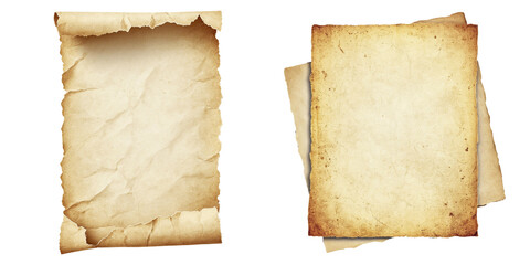 An old piece of paper with worn edges and a scroll, a set. Digital illustration. A yellowed sheet of parchment is highlighted on a white background. the texture of the pages is vintage.