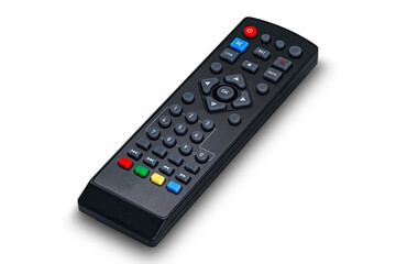 Remote control of digital tv box or digital tv set top box isolated on white background with clipping path.