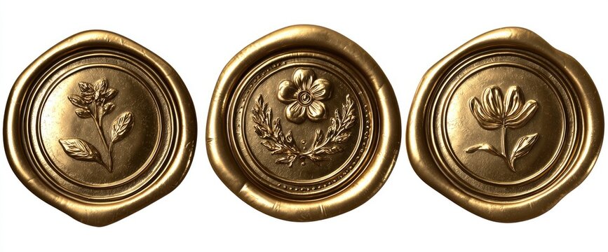 Three gold wax seal stamps, each featuring a different floral design