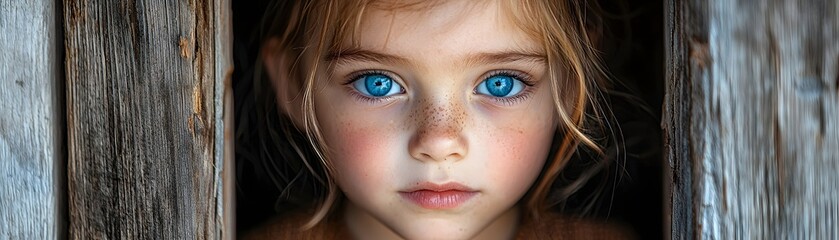 Fototapeta premium Close up portrait of a young girl with bright blue eyes and freckles looking curiously from a rustic wooden frame evoking innocence