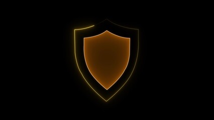 Orange and yellow neon shield symbol on black background