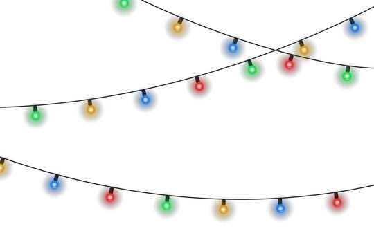 Festive Christmas string lights with multicolor bulbs shining bright. Isolated transparent vector garland decoration for holiday design, New Year party, winter season greeting card, or festive celebra