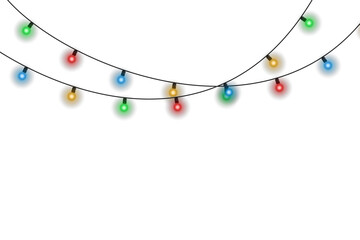 Christmas garland with multicolored glowing bulbs isolated on transparent background. Festive holiday light string decoration for Christmas party, New Year celebration, seasonal design, or winter even