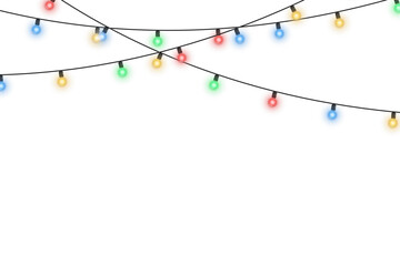 Naklejka premium Festive Christmas garland with colorful round lights isolated on transparent background. Vector glowing holiday decoration string for Xmas celebration, New Year party, seasonal event, or digital desig