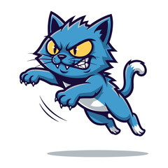 Blue Cat with a mischievous grin: A vibrant, digitally crafted image featuring a playful cartoon cat mid-leap, displaying a mischievous expression.
