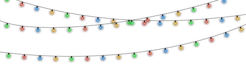 Glowing holiday lights garland with multicolored bulbs. Vector Christmas decoration isolated on transparent background for festive design, New Year celebration, winter event, seasonal invitation, or p © Felicety