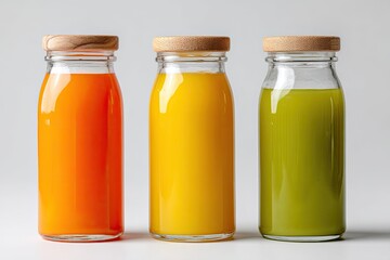 Three glass bottles with wooden caps, filled with vibrant orange, yellow, and green juices, stand in a row against a neutral background