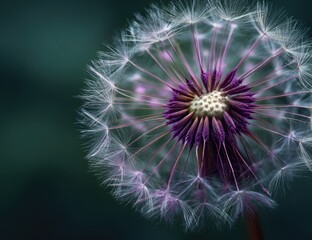 Fototapeta premium Close-up of a dandelion seed head. Soft focus, pale white seed-plume, with a deep purple center. Dark, muted background