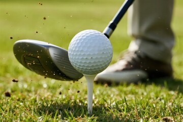 Close-up action of a golf ball being hit by a golfer on a golf course