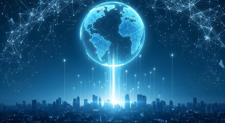 A glowing, digital Earth hovers above a city skyline, connected by beams of light, representing global connectivity and technological advancement.