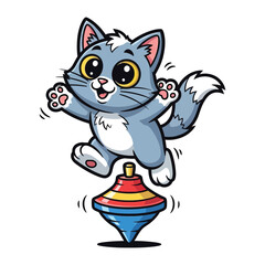 Playful Kitten on Top: A cheerful kitten balances with glee on a spinning top in this colorful illustration, perfect for children and those with a playful mindset. 