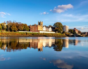 Autumnal riverside town reflected in calm water