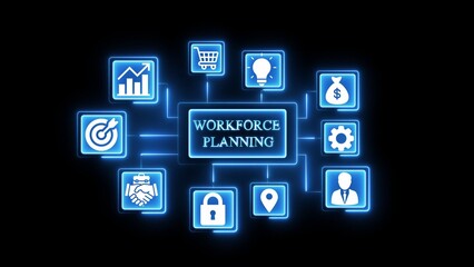 Workforce planning flowchart with glowing blue icons 1