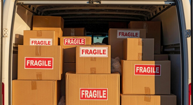 Moving boxes stacked inside van for relocation. Moving boxes labeled fragile for extra care during transportation, boxes are brown cardboard and secured with tape. - Powered by Adobe