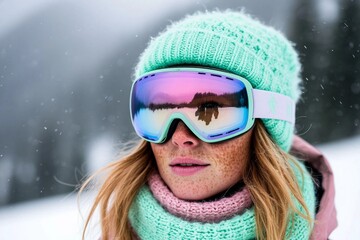 young woman at the mountains wearing ski goggles
