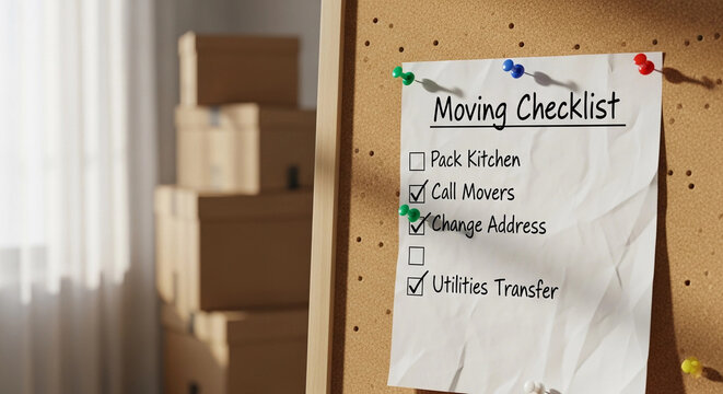 Moving checklist pinned on cork board with stacked cardboard boxes. Moving checklist includes checked tasks like calling movers and changing address, showing progress.